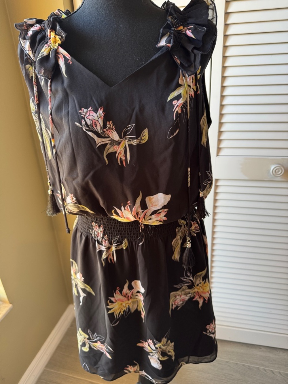 White House Black Market Black Floral Tie-Shoulder Dress - Picture 2 of 5